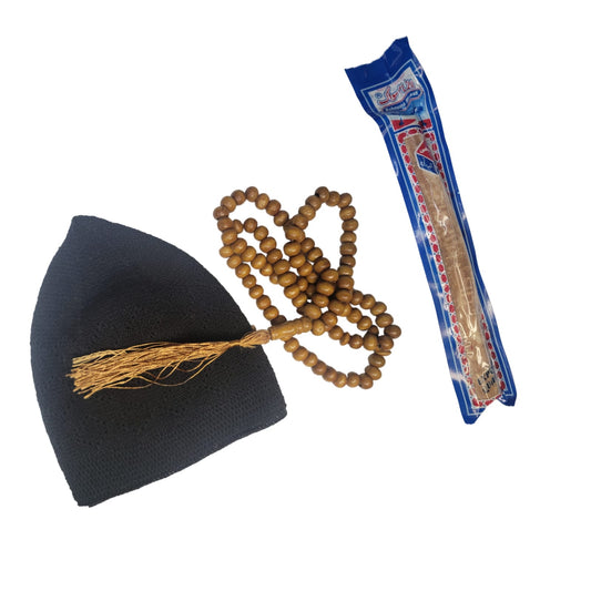 Set de 3 piezas Tasbi + Miswak + kufi / topi Gorro