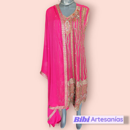 VESTIDO PAKISTANI DE FIESTA COLOR ROSA M2502